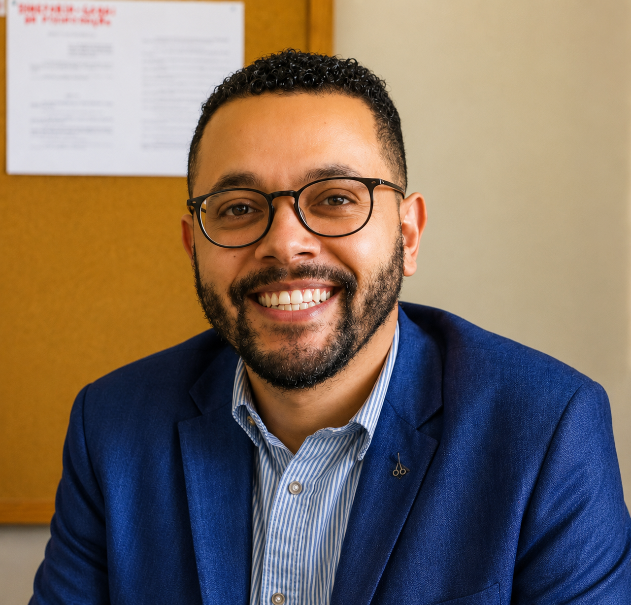 Retrato de Tônio Caetano usando blazer azul e óculos redondos