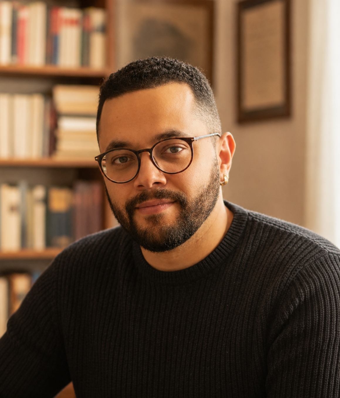 Retrato de Tônio Caetano diante de uma estante de livros